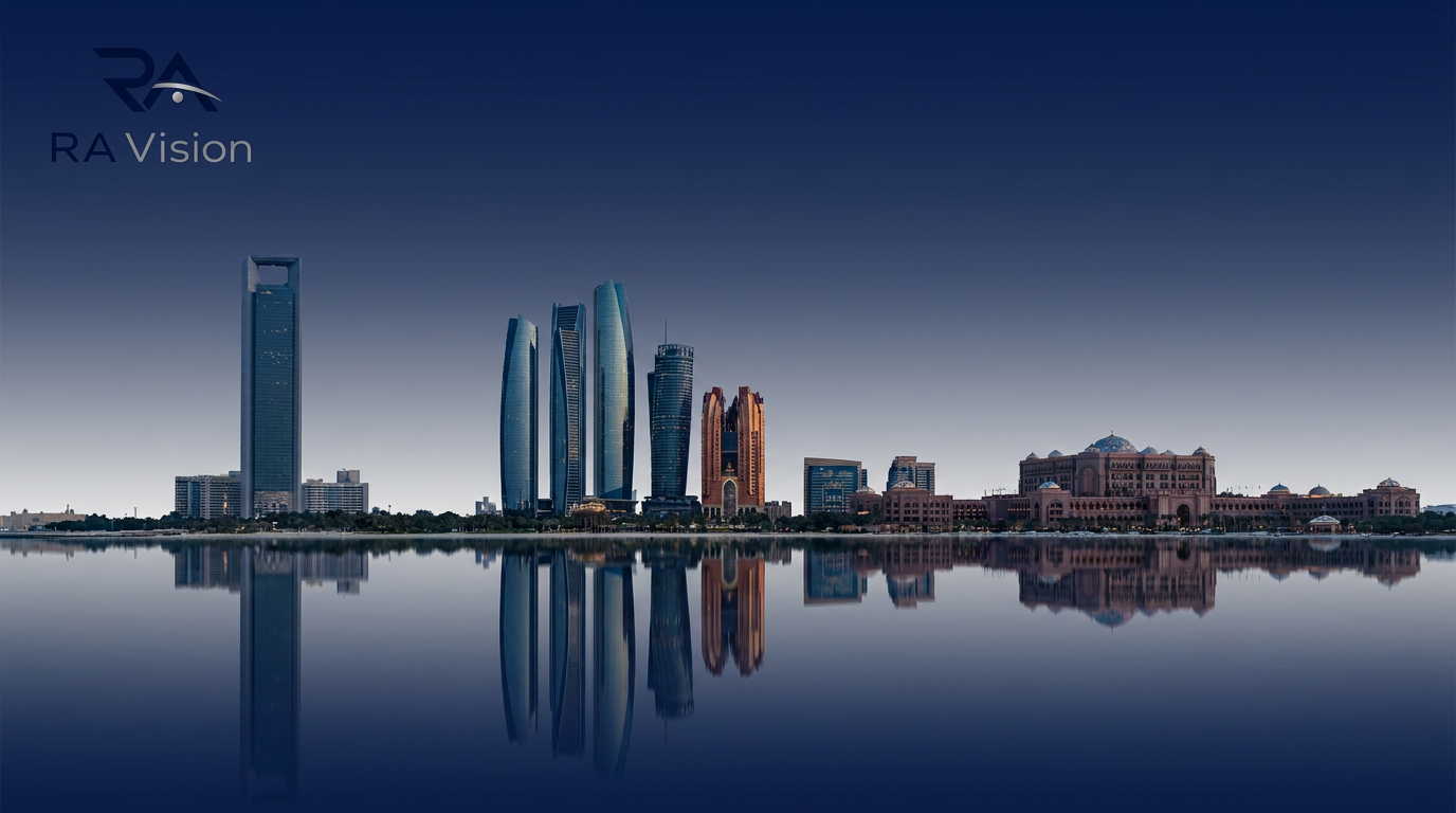 Abu Dhabi skyline at dusk — RA Vision's UAE platform